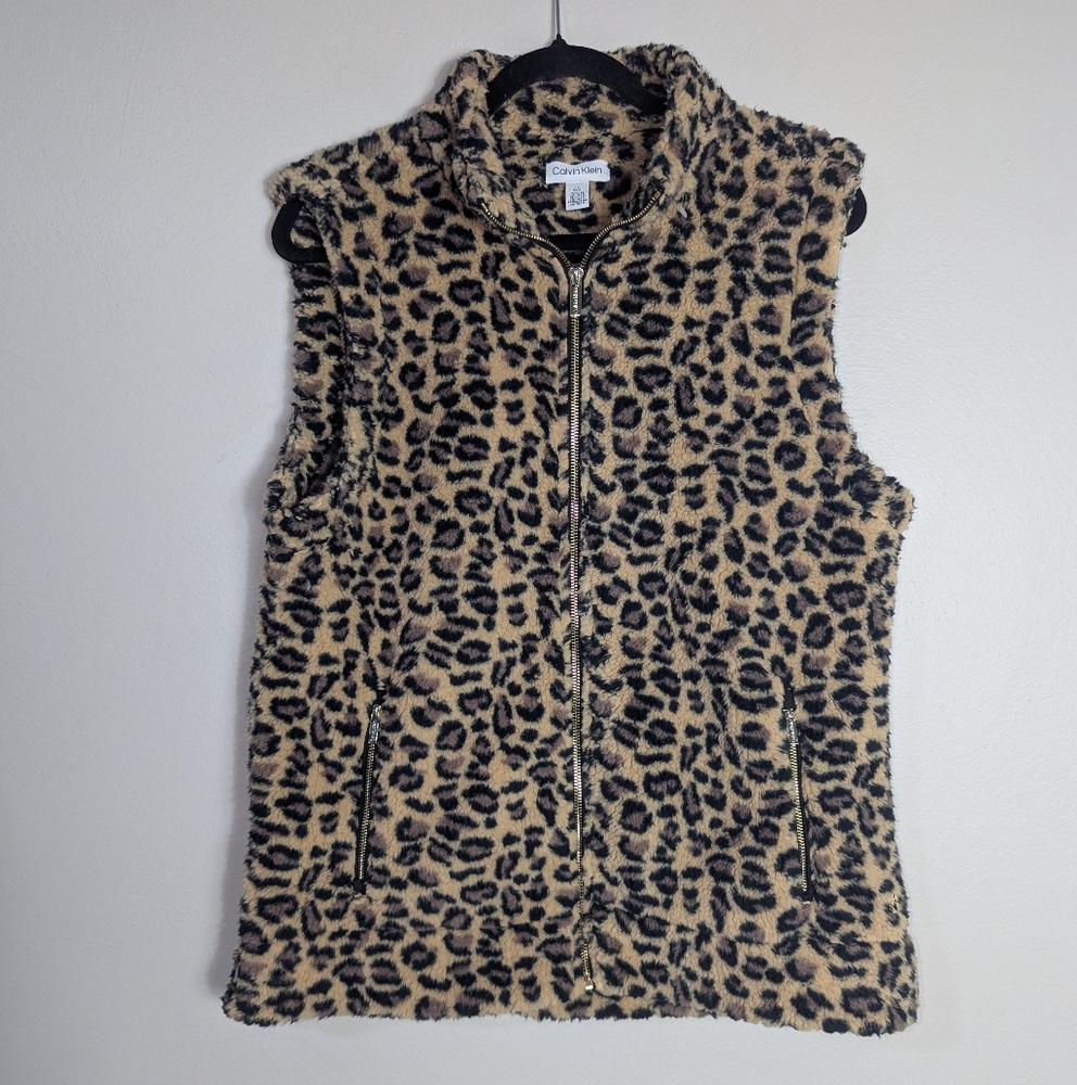 Calvin Klein Leopard Print Faux Fur Zip Vest - Beige & Black